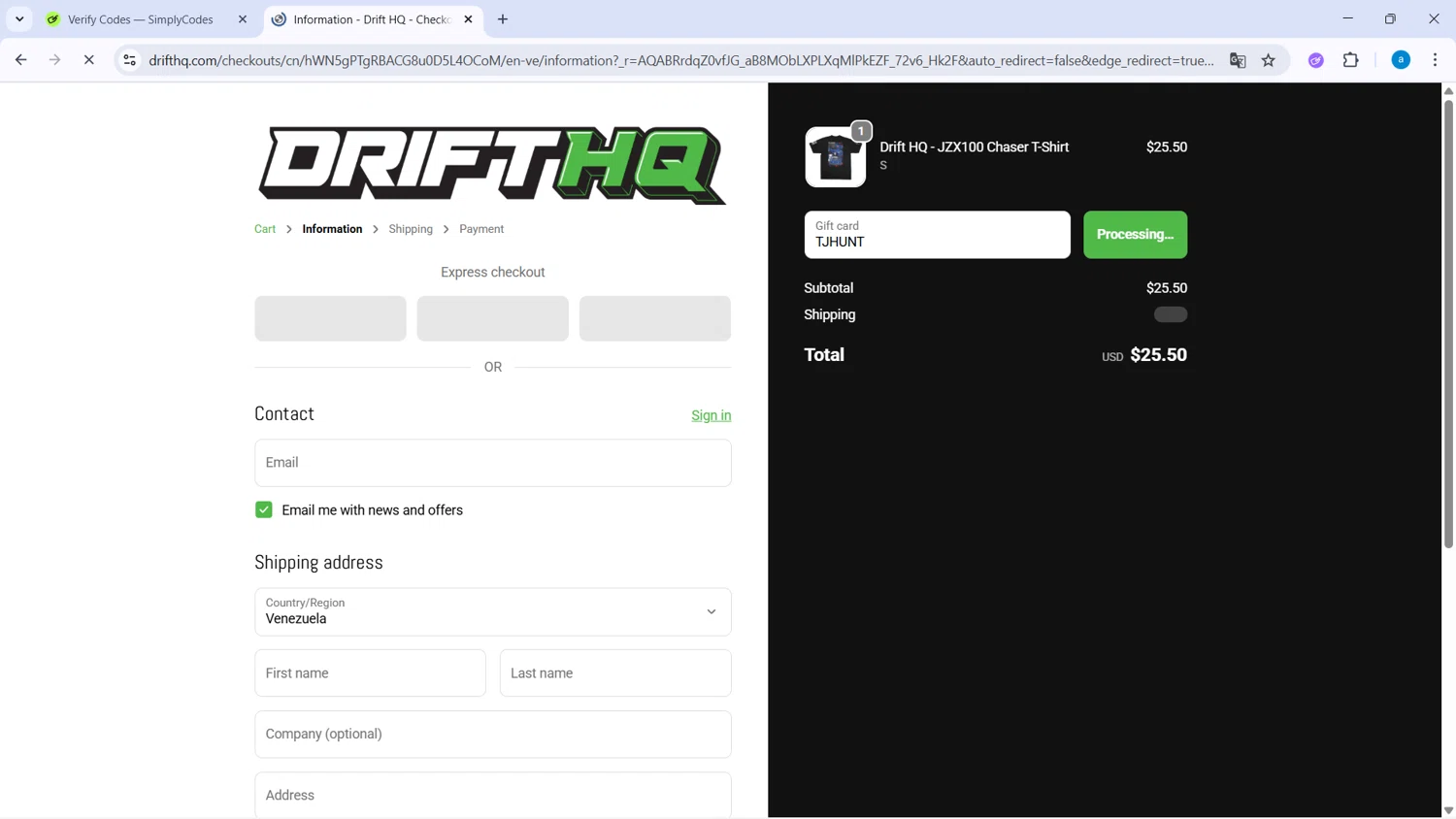 Drift HQ discount code screenshot showing code TJHUNT applied at Drift HQ checkout page. Uploaded by SimplyCodes community member WiseHawk9255 on Nov 25, 2025