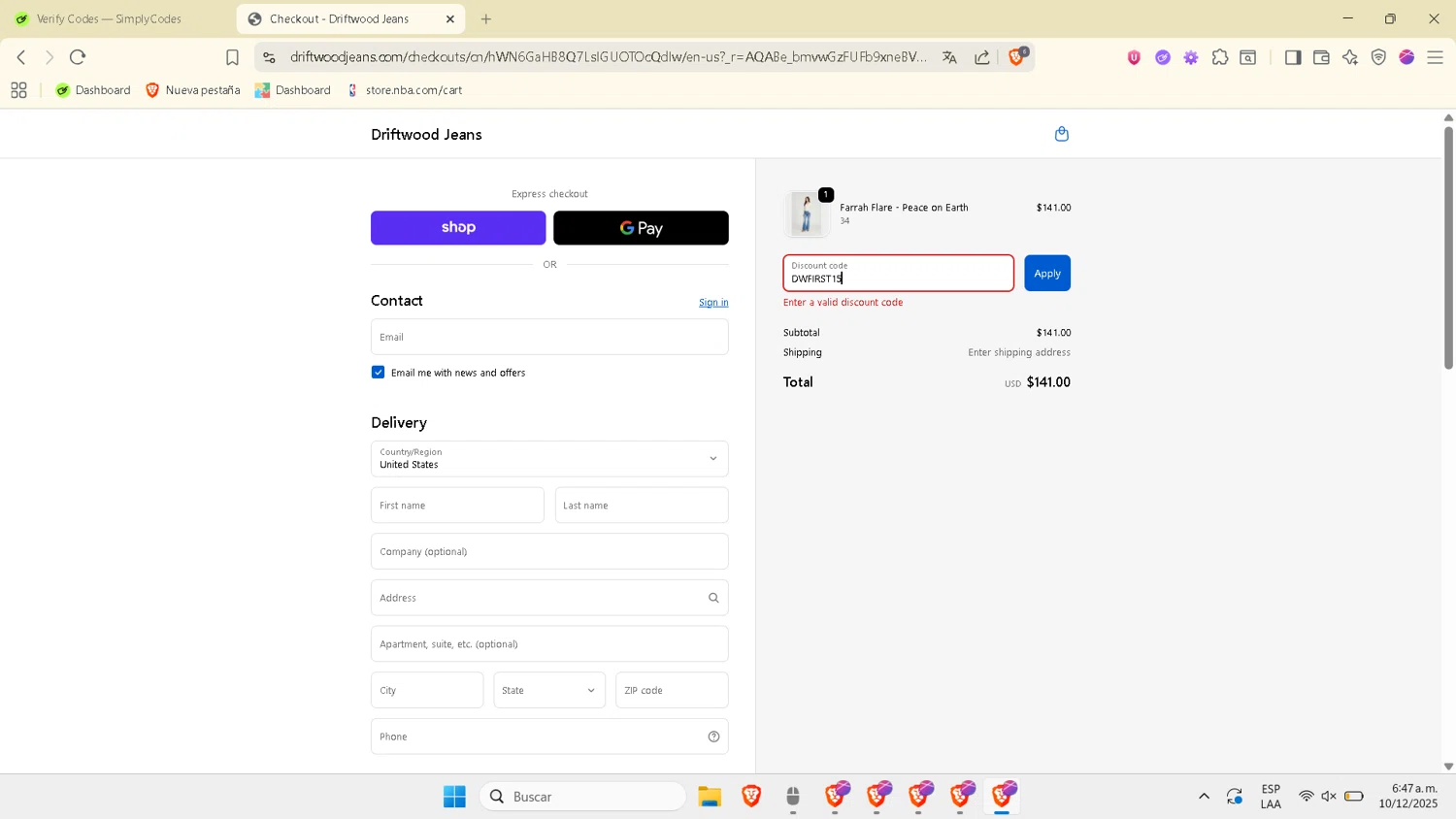 Driftwood Jeans promo code screenshot showing code DWFIRST15 applied at Driftwood Jeans checkout page. Uploaded by SimplyCodes community member Esterasa on Dec 10, 2025
