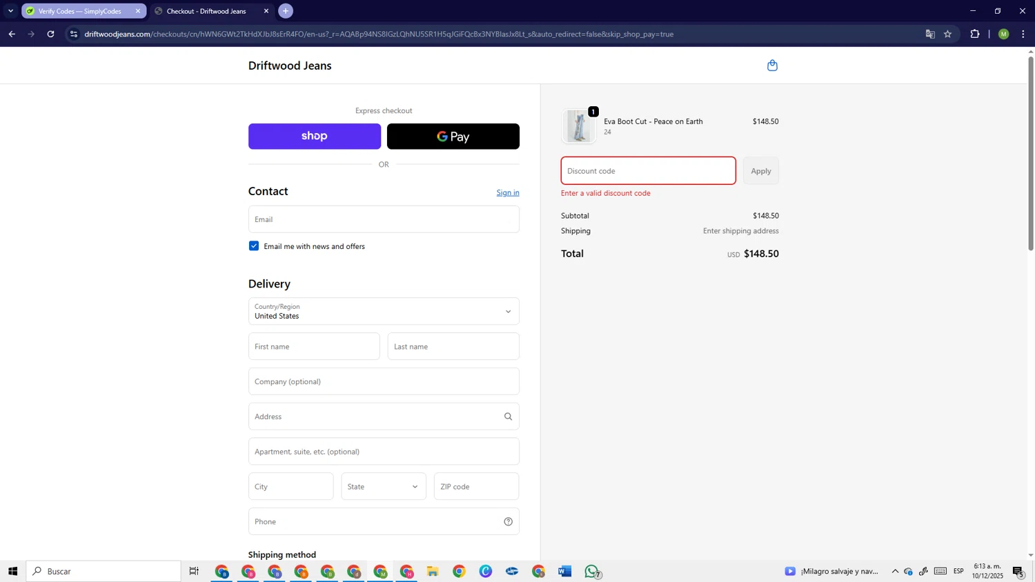 Driftwood Jeans promo code screenshot showing code DWFIRST15 applied at Driftwood Jeans checkout page. Uploaded by SimplyCodes community member PrimeSage6924 on Dec 10, 2025