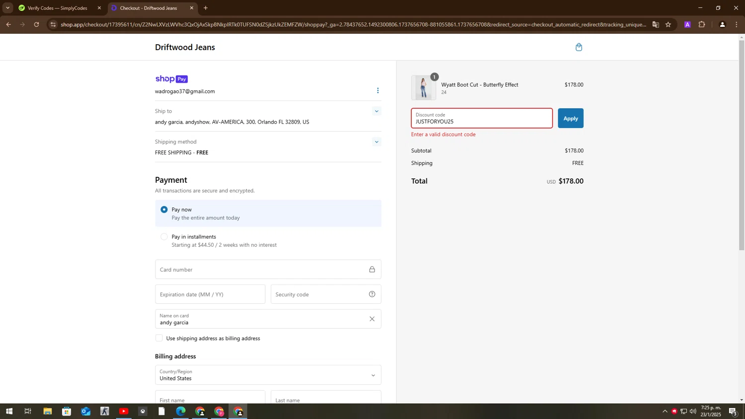 Driftwood Jeans promo code screenshot showing code JUSTFORYOU25 applied at Driftwood Jeans checkout page. Uploaded by SimplyCodes community member BudgetMaven6078 on Jan 23, 2025