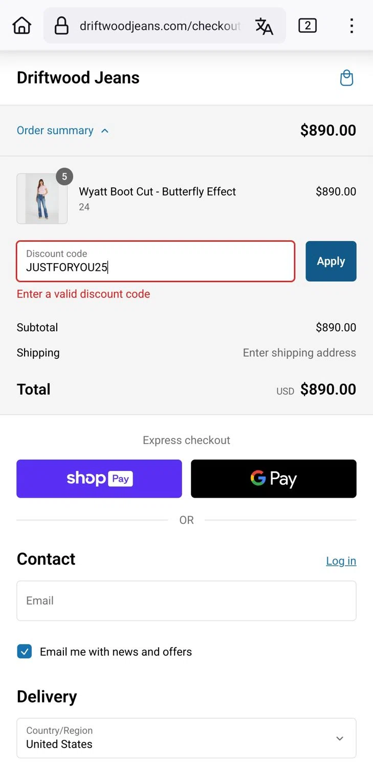 Driftwood Jeans promo code screenshot showing code JUSTFORYOU25 applied at Driftwood Jeans checkout page. Uploaded by SimplyCodes community member xxdddd on Feb 1, 2025