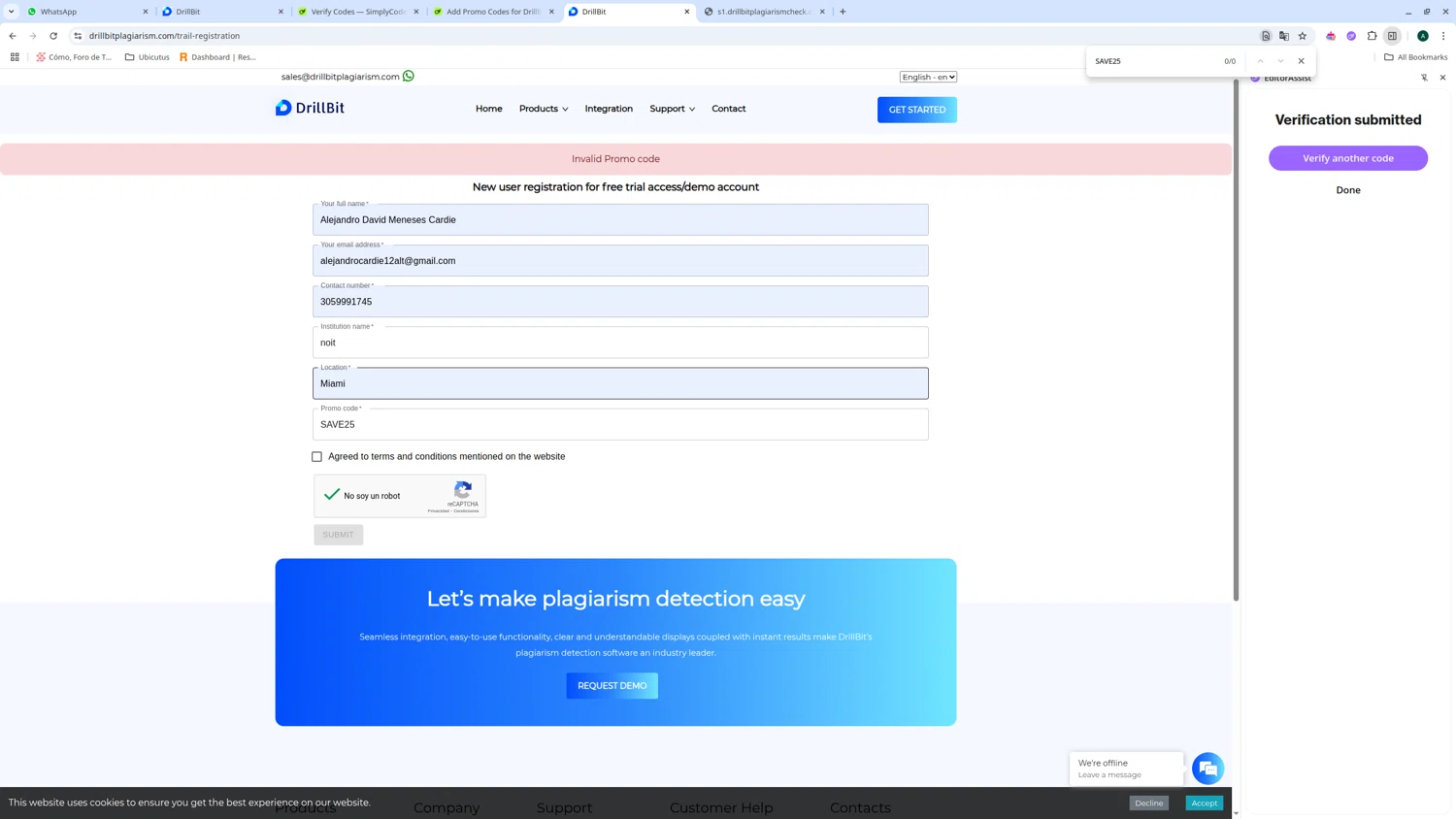 Drillbit promo code screenshot showing code SAVE25 applied at Drillbit checkout page. Uploaded by SimplyCodes community member admeneses on May 12, 2025