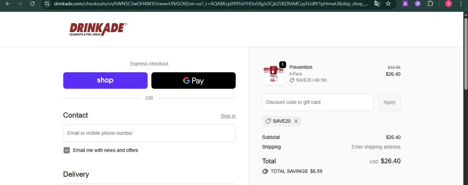 DrinkAde coupon code screenshot showing code SAVE20 applied at DrinkAde checkout page. Uploaded by SimplyCodes community member MoneyFalcon481 on Nov 12, 2025