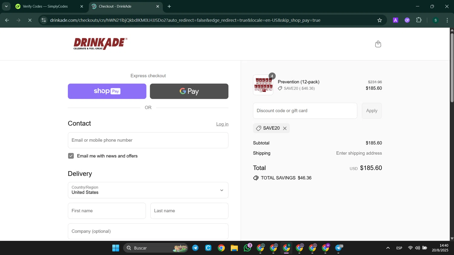 DrinkAde coupon code screenshot showing code SAVE20 applied at DrinkAde checkout page. Uploaded by SimplyCodes community member SaleHunter9008 on Aug 20, 2025