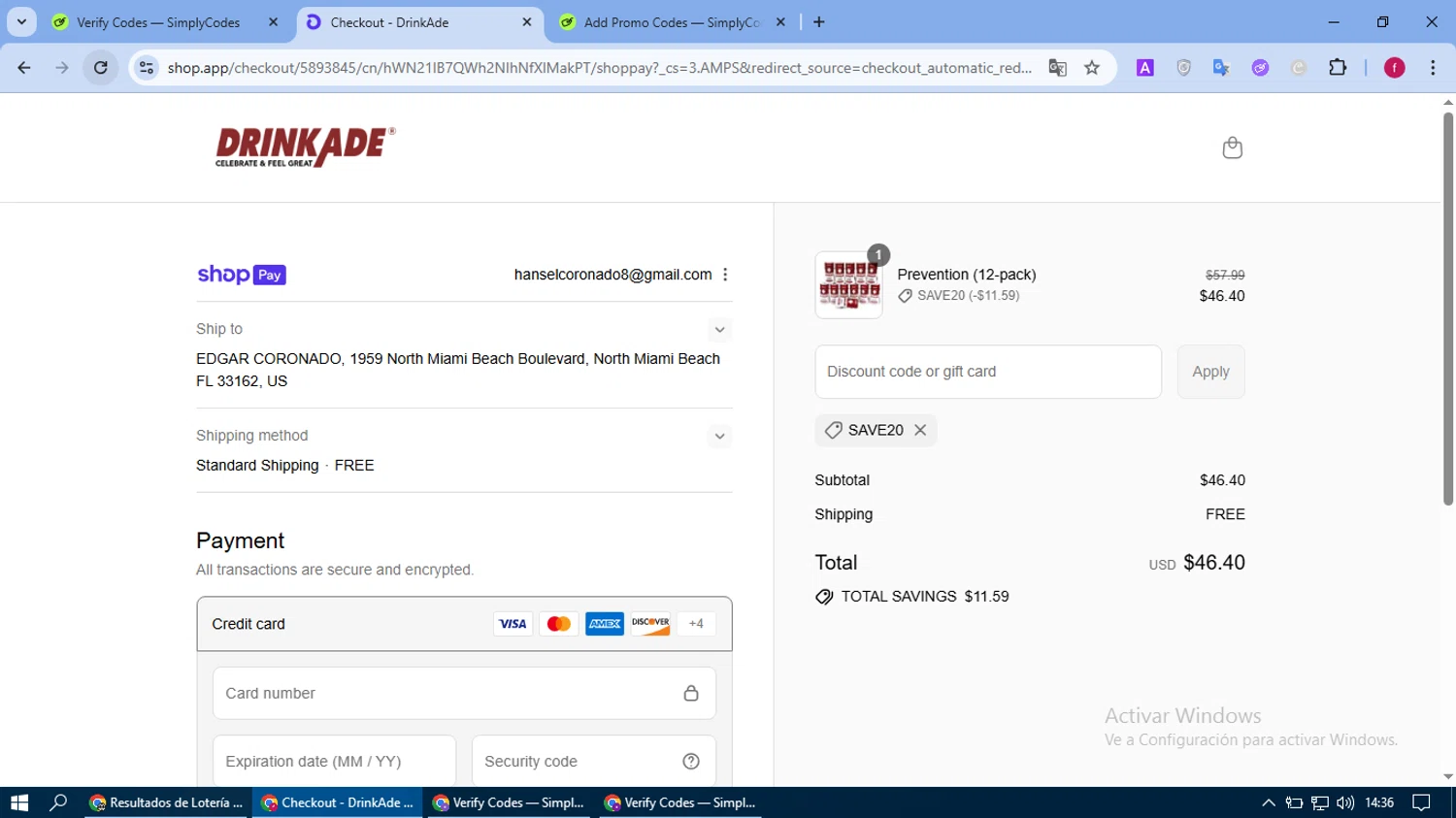 DrinkAde coupon code screenshot showing code SAVE20 applied at DrinkAde checkout page. Uploaded by SimplyCodes community member fausguillermo on Aug 20, 2025