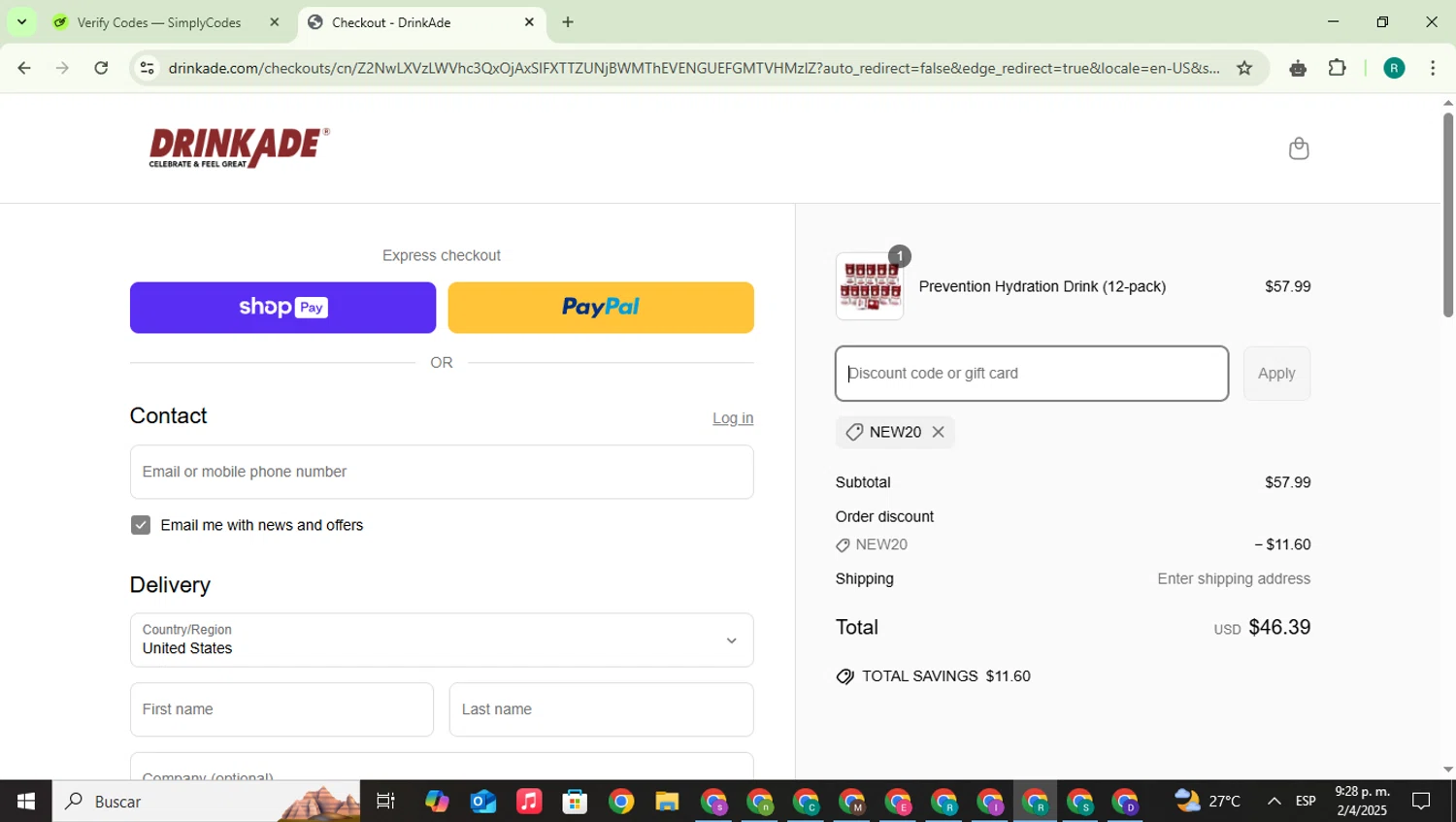 DrinkAde coupon code screenshot showing code NEW20 applied at DrinkAde checkout page. Uploaded by SimplyCodes community member SavingsLegend387 on Apr 3, 2025