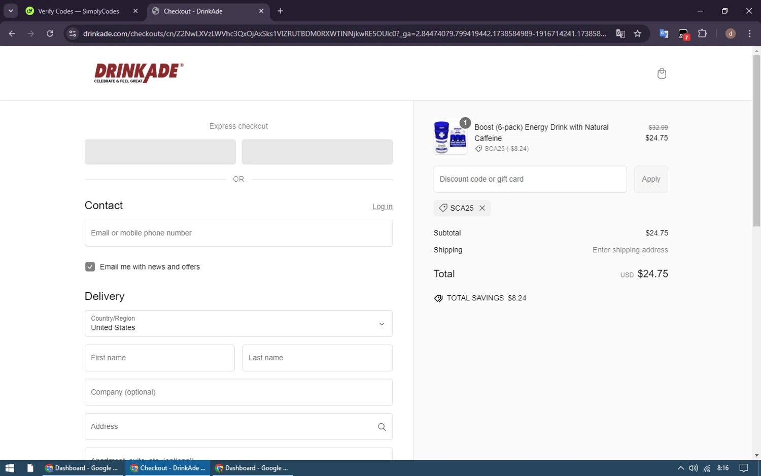 DrinkAde coupon code screenshot showing code SCA25 applied at DrinkAde checkout page. Uploaded by SimplyCodes community member GleynnethR on Feb 3, 2025
