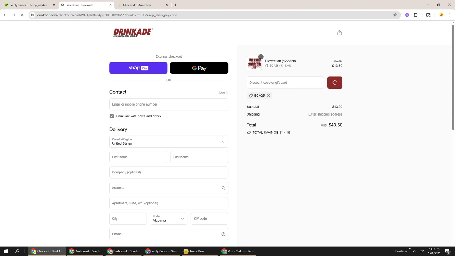 DrinkAde coupon code screenshot showing code SCA25 applied at DrinkAde checkout page. Uploaded by SimplyCodes community member Richard251 on Aug 15, 2025