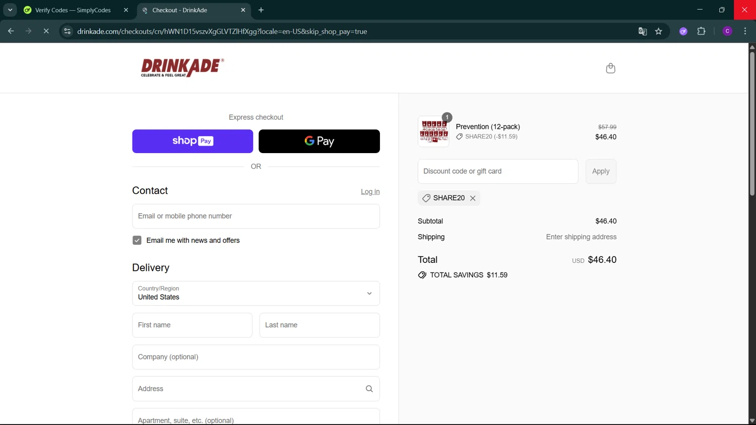 DrinkAde coupon code screenshot showing code SHARE20 applied at DrinkAde checkout page. Uploaded by SimplyCodes community member GoldSeeker3096 on Jul 30, 2025