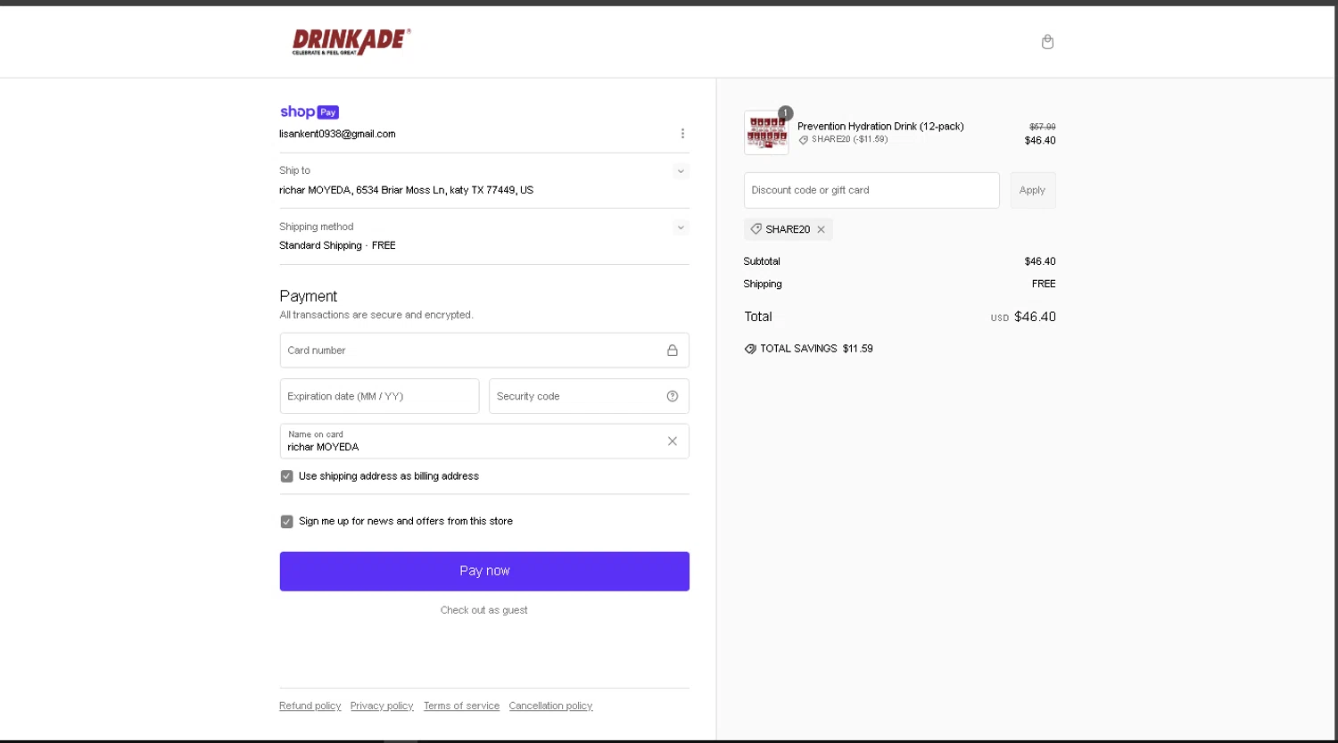 DrinkAde coupon code screenshot showing code SHARE20 applied at DrinkAde checkout page. Uploaded by SimplyCodes community member Wilmitus on Feb 21, 2025
