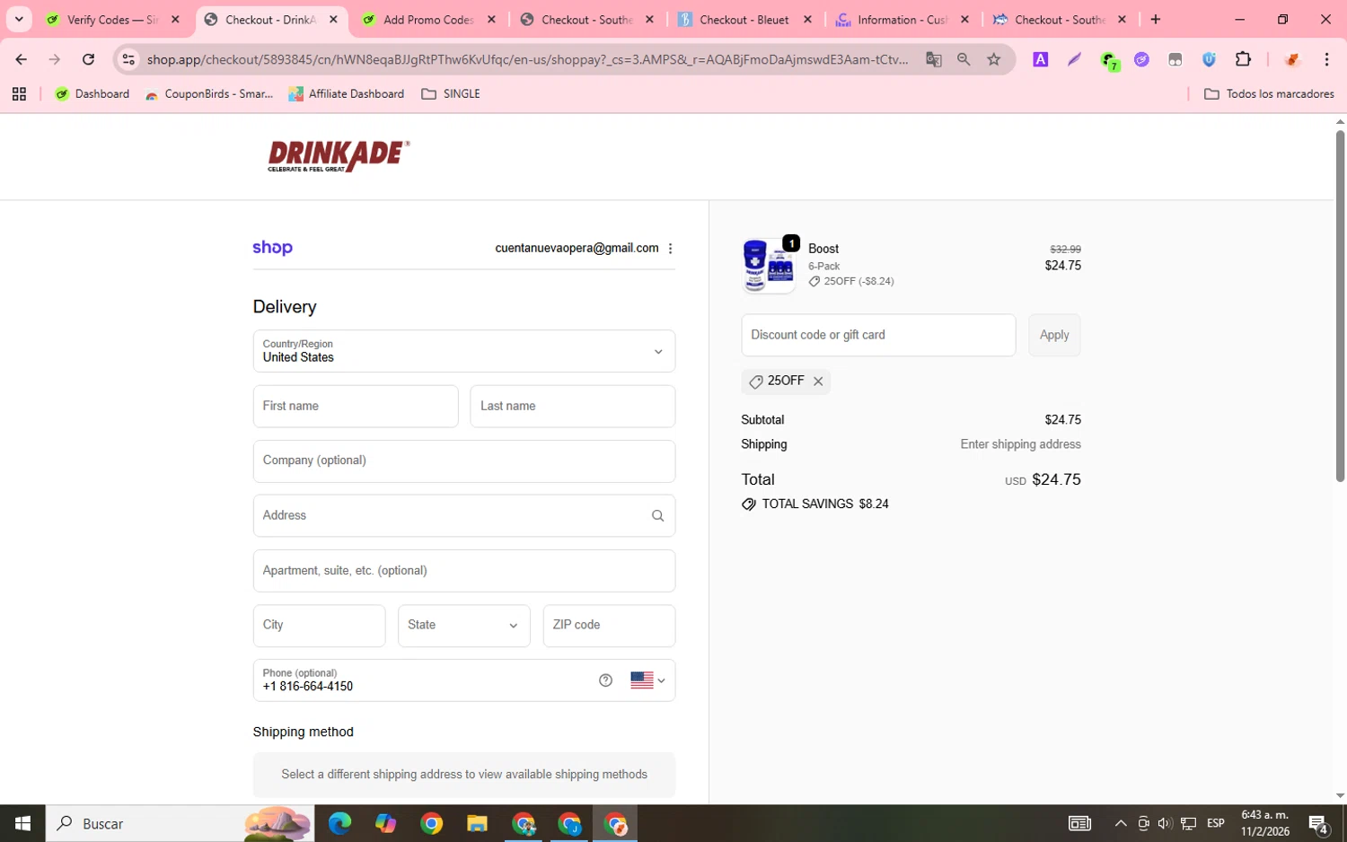 DrinkAde checkout page showing DrinkAde coupon code box | Screenshot taken by SimplyCodes community member on Feb 11, 2026
