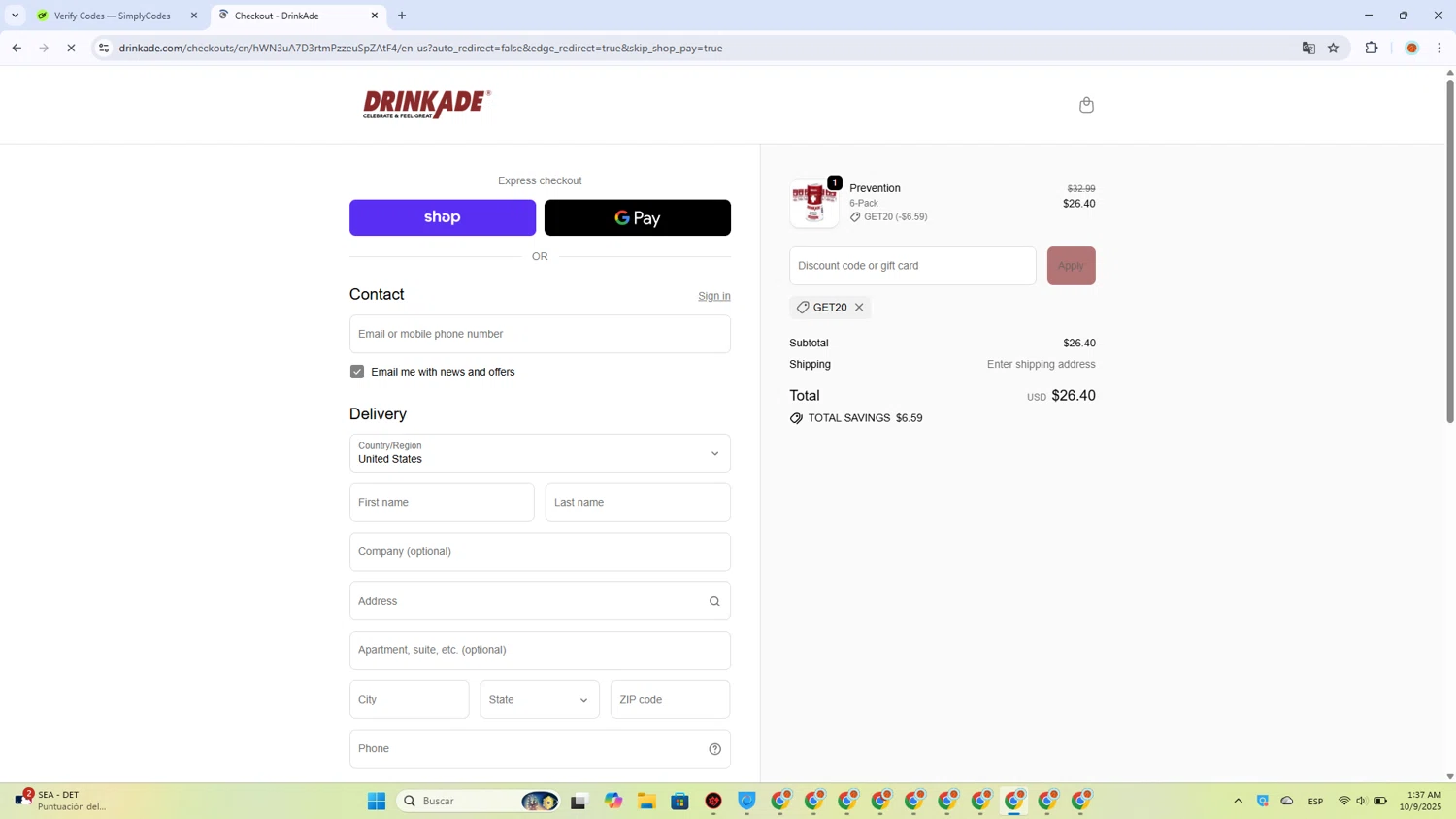 DrinkAde coupon code screenshot showing code GET20 applied at DrinkAde checkout page. Uploaded by SimplyCodes community member EpicScout8515 on Oct 9, 2025