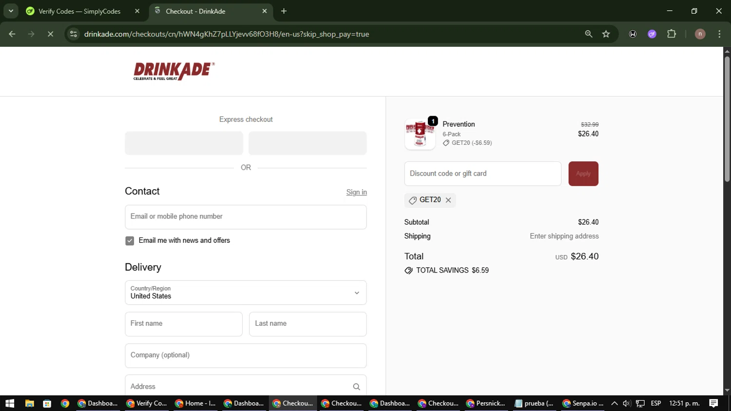 DrinkAde coupon code screenshot showing code GET20 applied at DrinkAde checkout page. Uploaded by SimplyCodes community member SmartWarden8713 on Oct 29, 2025