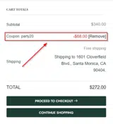 PARTY20 coupon verification screenshot