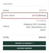PARTY10 coupon verification screenshot