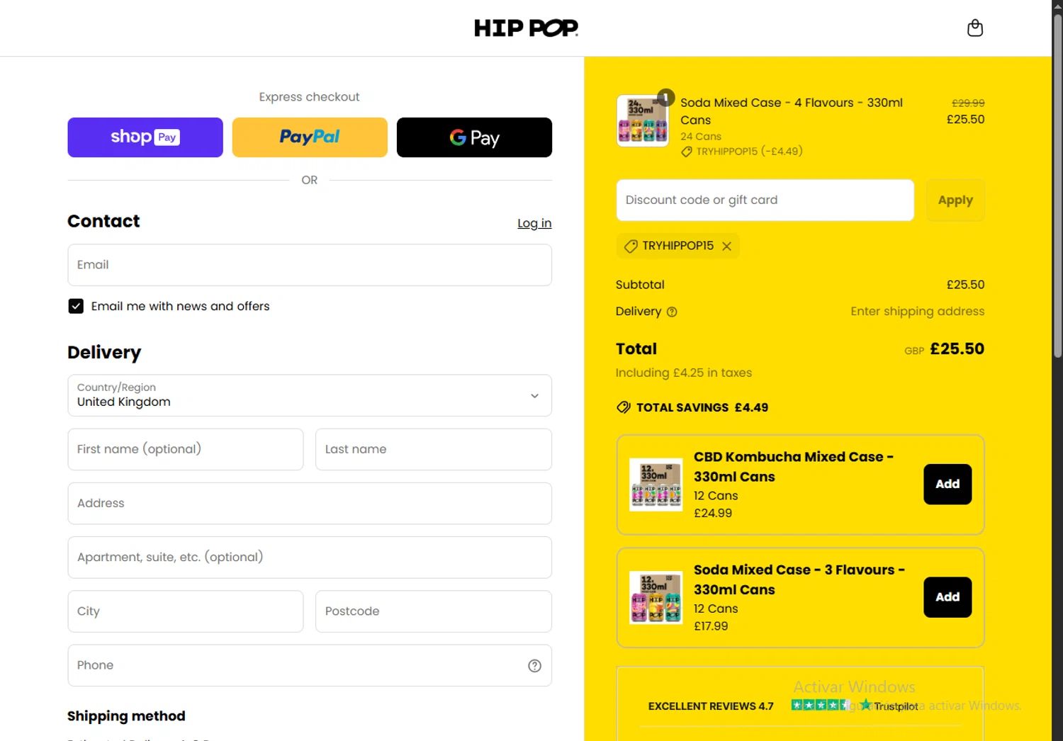 Hip Pop coupon code screenshot showing code TRYHIPPOP15 applied at Hip Pop checkout page. Uploaded by SimplyCodes community member FortunateSeeker4672 on Jun 18, 2025
