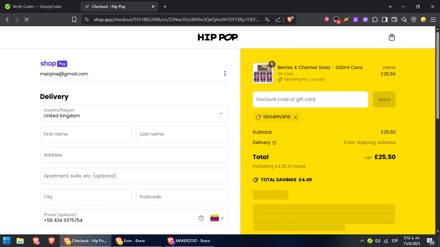Hip Pop coupon code screenshot showing code TRYHIPPOP15 applied at Hip Pop checkout page. Uploaded by SimplyCodes community member MoneyPilot9165 on Jun 15, 2025