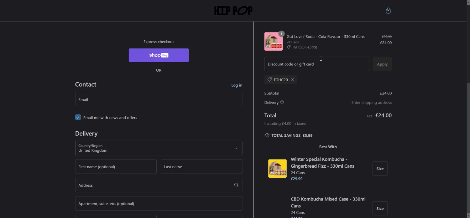 Hip Pop coupon code screenshot showing code TGHC20 applied at Hip Pop checkout page. Uploaded by SimplyCodes community member Hyupat on Dec 31, 2024