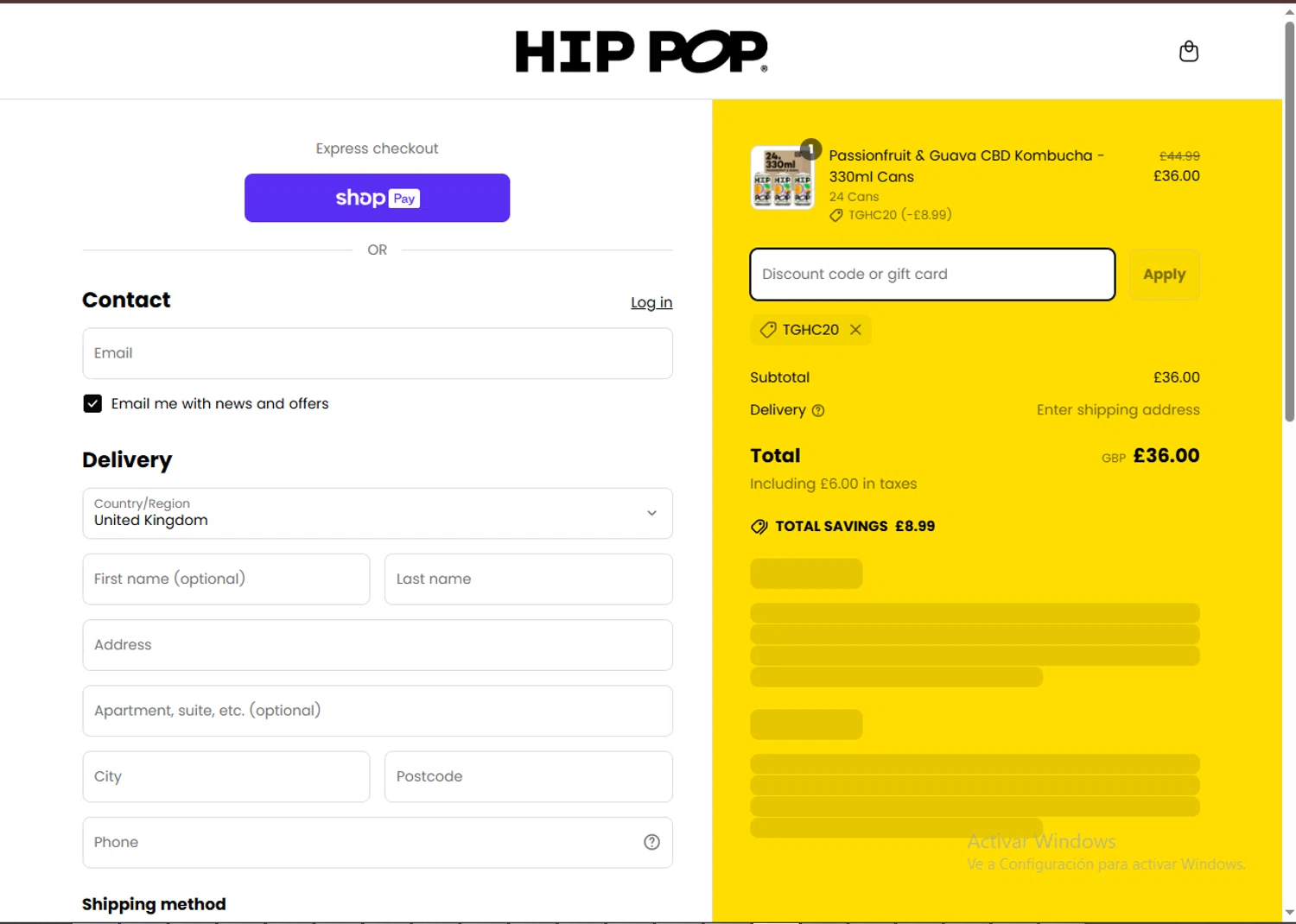 Hip Pop coupon code screenshot showing code TGHC20 applied at Hip Pop checkout page. Uploaded by SimplyCodes community member MagnificentTitan8616 on Apr 6, 2025