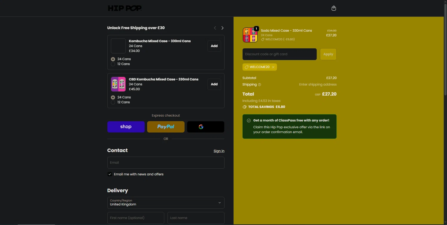 Hip Pop coupon code screenshot showing code WELCOME20 applied at Hip Pop checkout page. Uploaded by SimplyCodes community member CrownExpert4084 on Nov 23, 2025