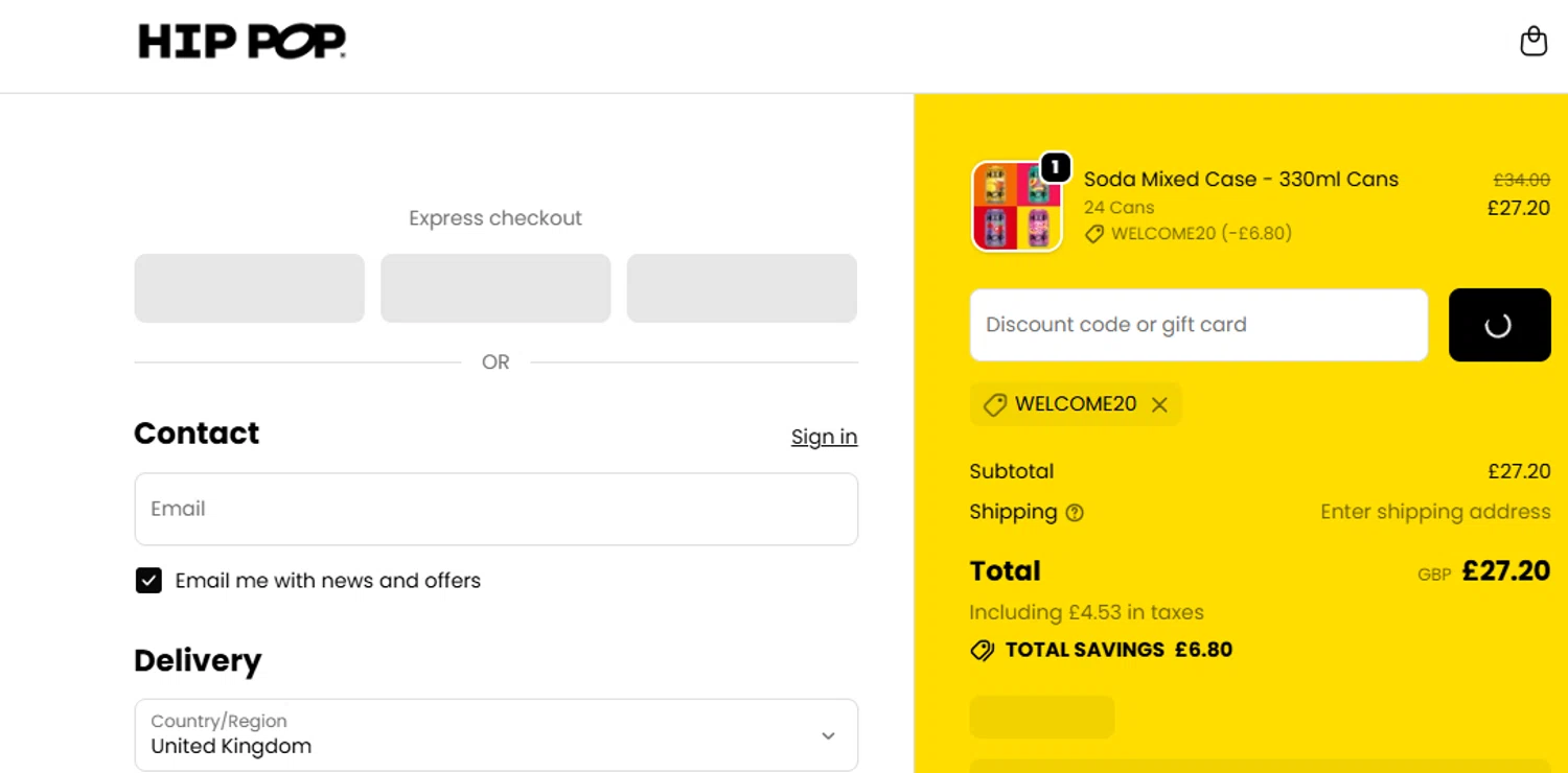 Hip Pop coupon code screenshot showing code WELCOME20 applied at Hip Pop checkout page. Uploaded by SimplyCodes community member SwiftSage9854 on Dec 22, 2025