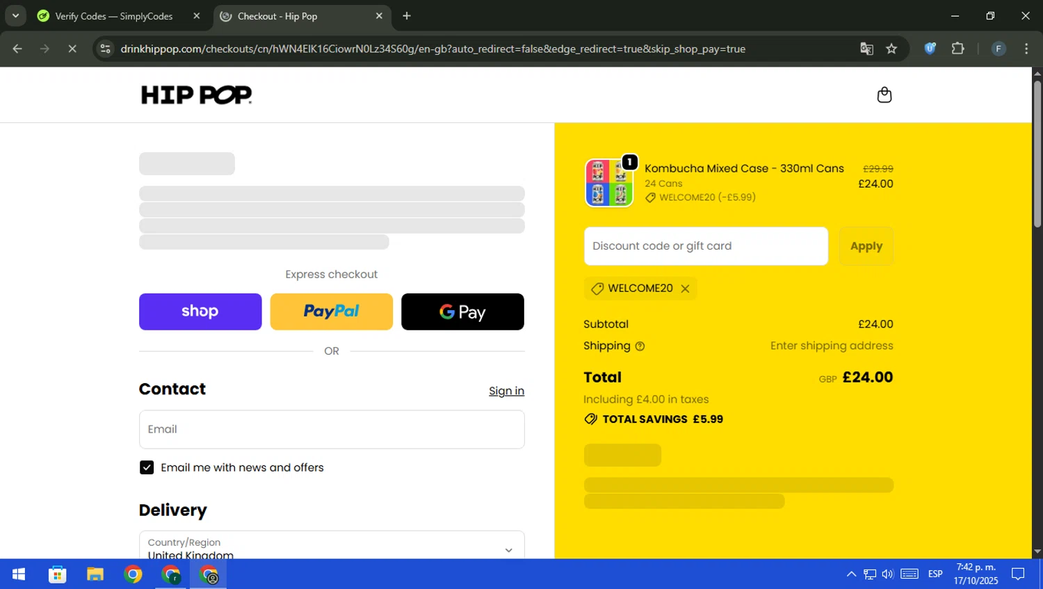 Hip Pop coupon code screenshot showing code WELCOME20 applied at Hip Pop checkout page. Uploaded by SimplyCodes community member pajarito on Oct 17, 2025