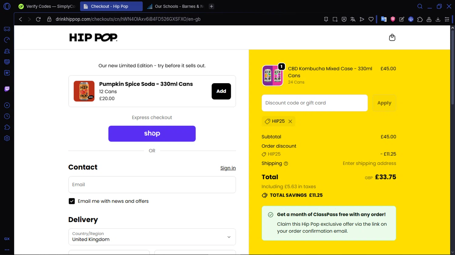 Hip Pop coupon code screenshot showing code Hip25 applied at Hip Pop checkout page. Uploaded by SimplyCodes community member ACIDOSULFURICO on Oct 22, 2025