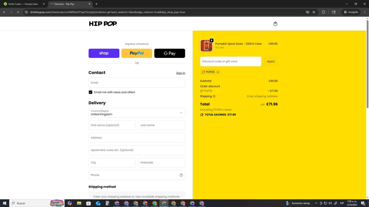 Hip Pop coupon code screenshot showing code Pop20 applied at Hip Pop checkout page. Uploaded by SimplyCodes community member AVATIGRITO on Oct 2, 2025