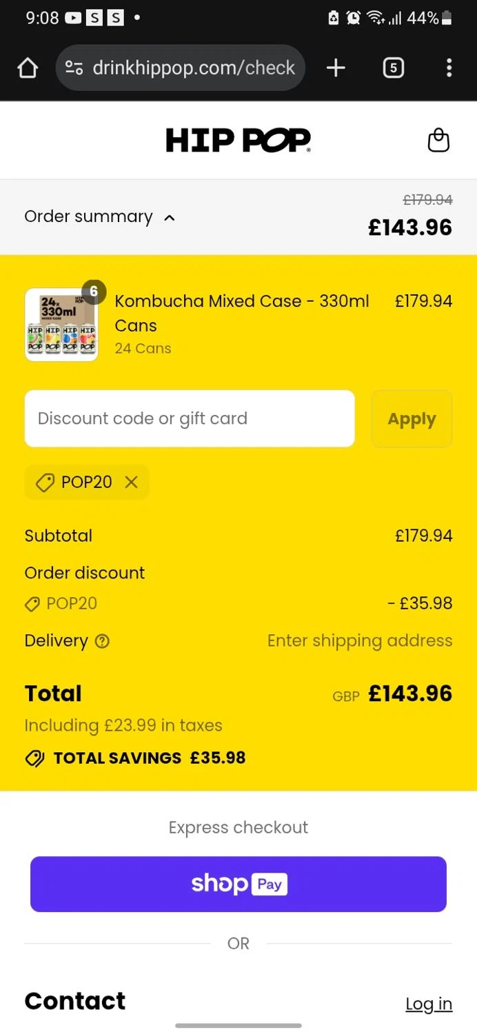 Hip Pop coupon code screenshot showing code Pop20 applied at Hip Pop checkout page. Uploaded by SimplyCodes community member miguelcrast on Aug 26, 2025
