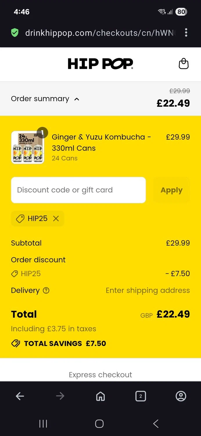 Hip Pop coupon code screenshot showing code Hip25 applied at Hip Pop checkout page. Uploaded by SimplyCodes community member BB9542251456527 on Jul 17, 2025