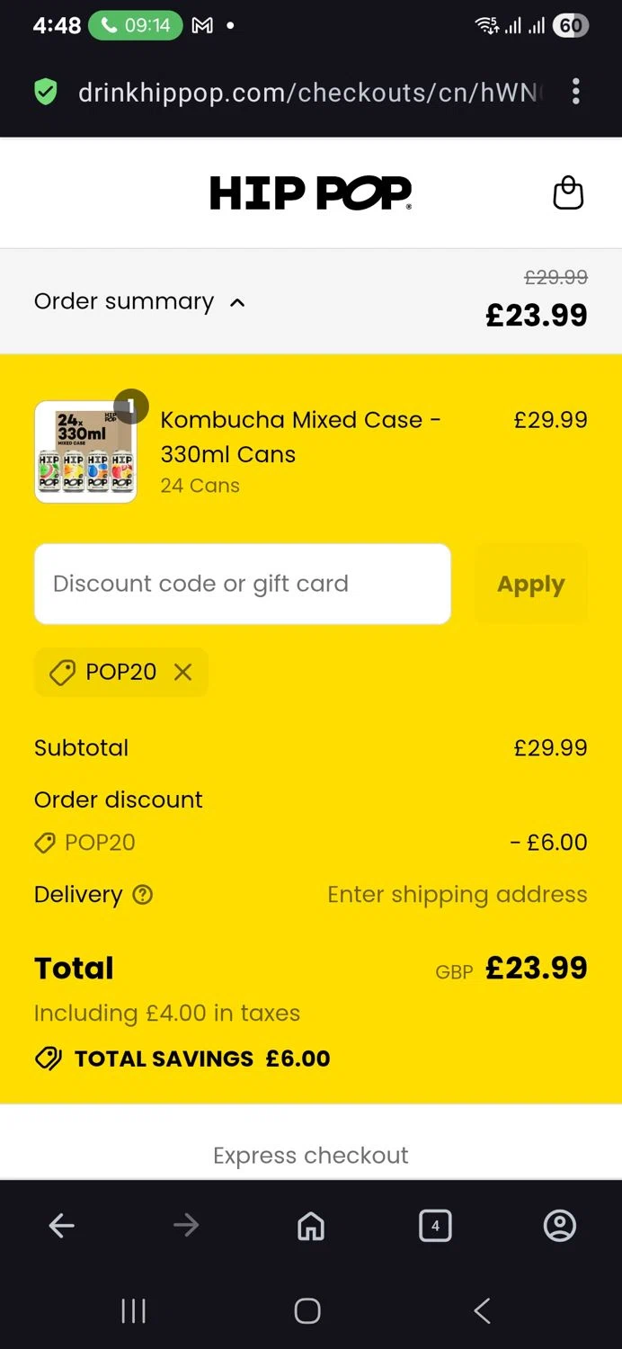Hip Pop coupon code screenshot showing code Pop20 applied at Hip Pop checkout page. Uploaded by SimplyCodes community member vida5254427716958 on Jul 17, 2025