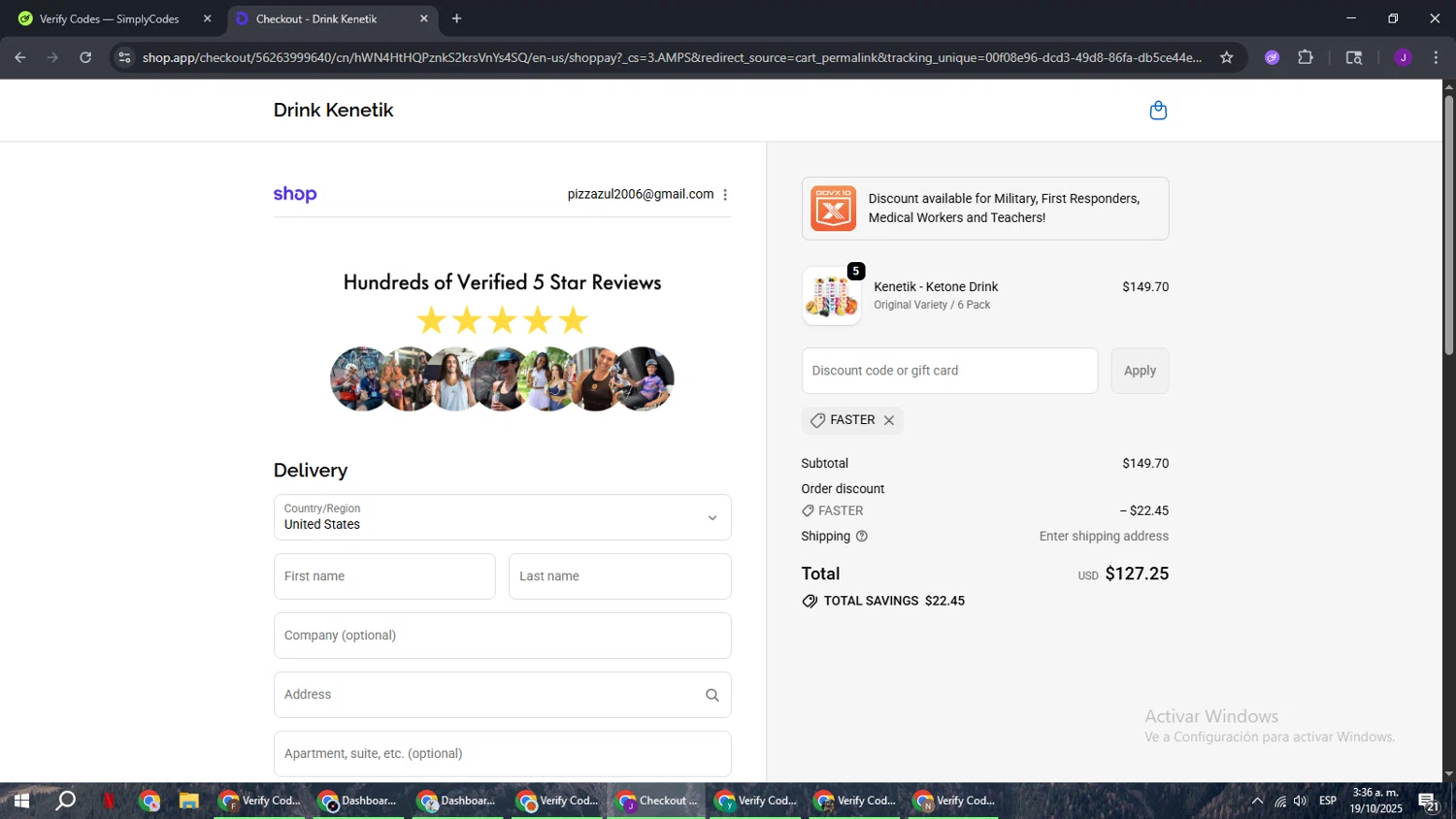 Kenetik discount code screenshot showing code Faster applied at Kenetik checkout page. Uploaded by SimplyCodes community member ComeBurra123 on Oct 19, 2025