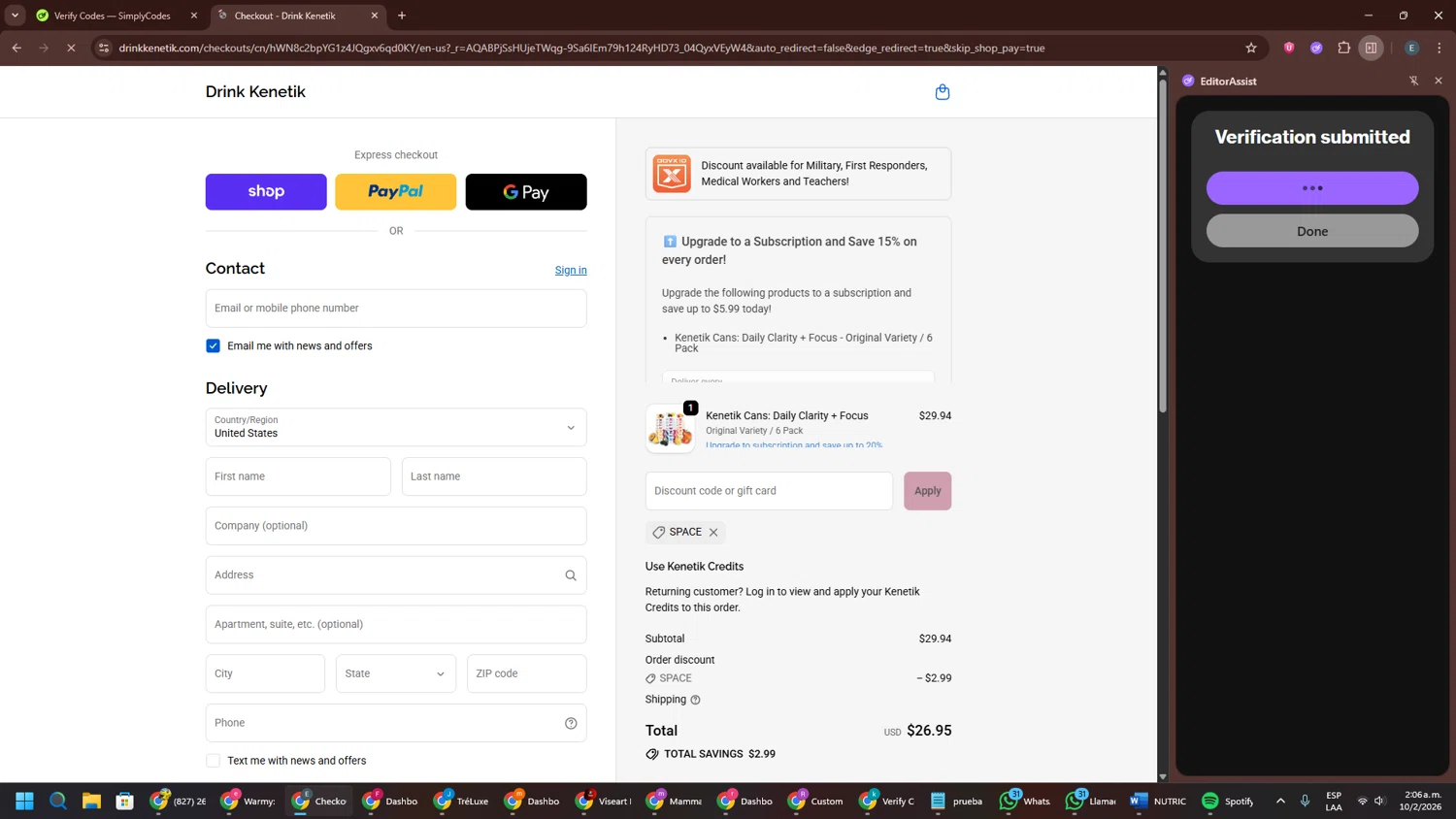 Kenetik checkout page showing Kenetik discount code box | Screenshot taken by SimplyCodes community member on Feb 10, 2026