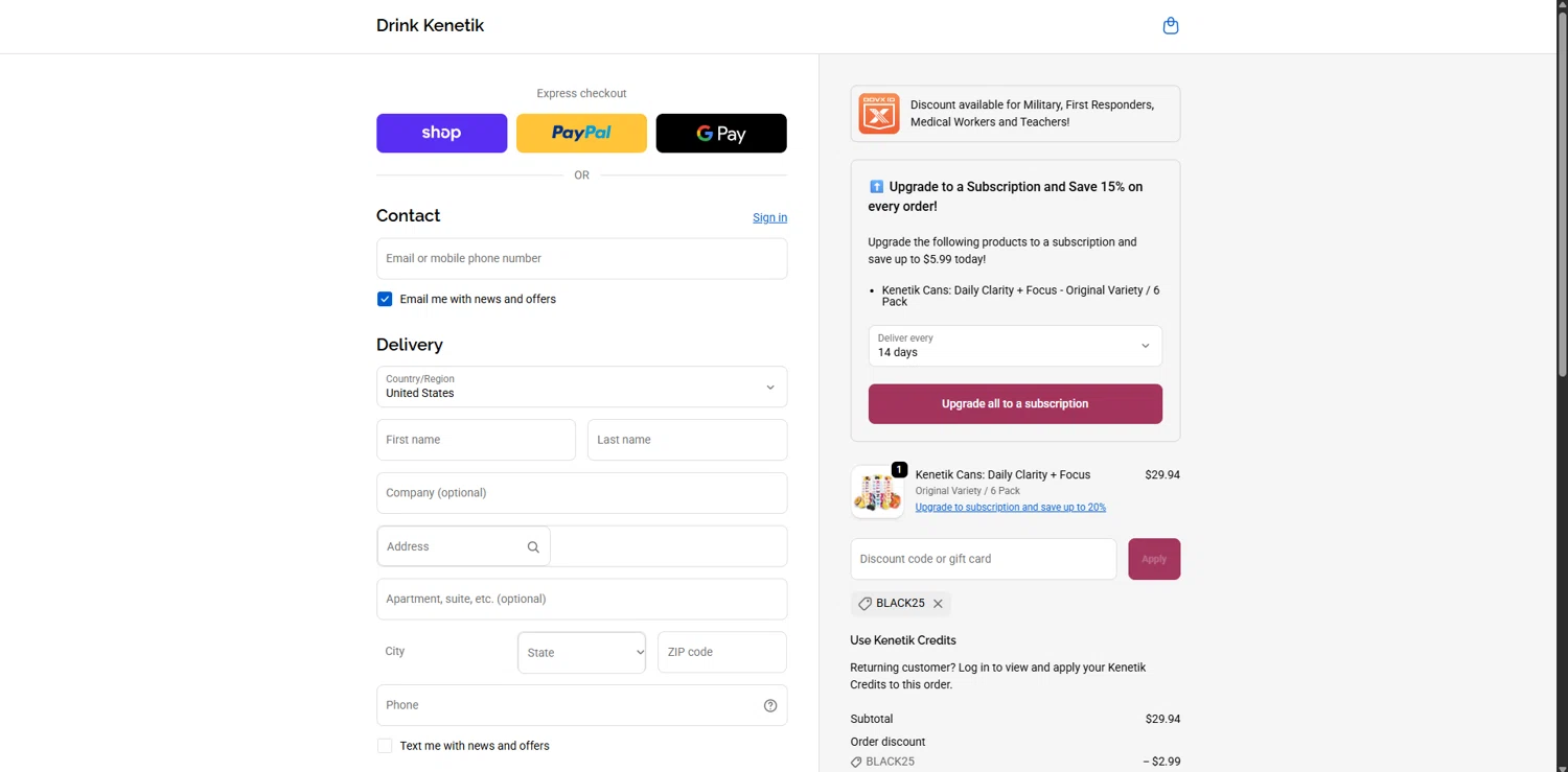 Kenetik checkout page showing Kenetik discount code box | Screenshot taken by SimplyCodes community member on Feb 10, 2026