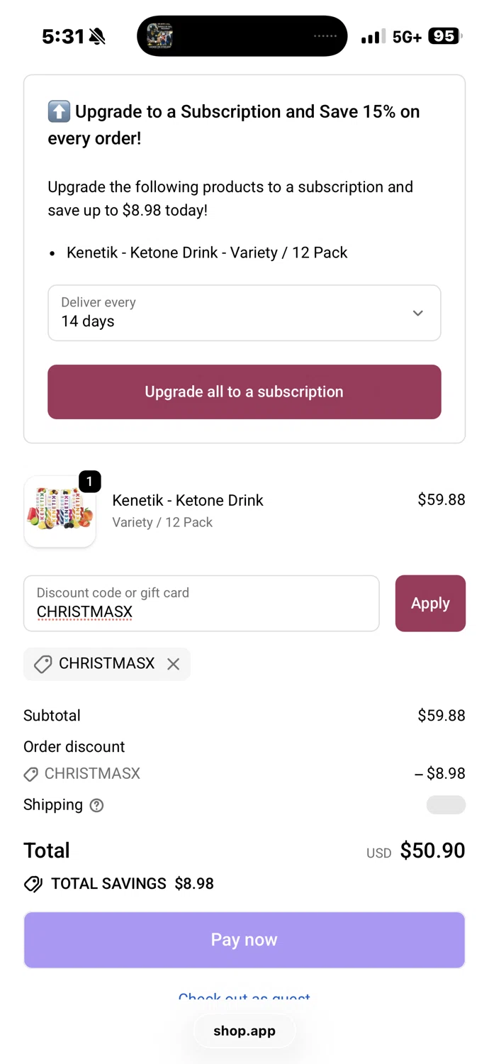 Kenetik discount code screenshot showing code CHRISTMASX applied at Kenetik checkout page. Uploaded by SimplyCodes community member blinkzz on Nov 26, 2025