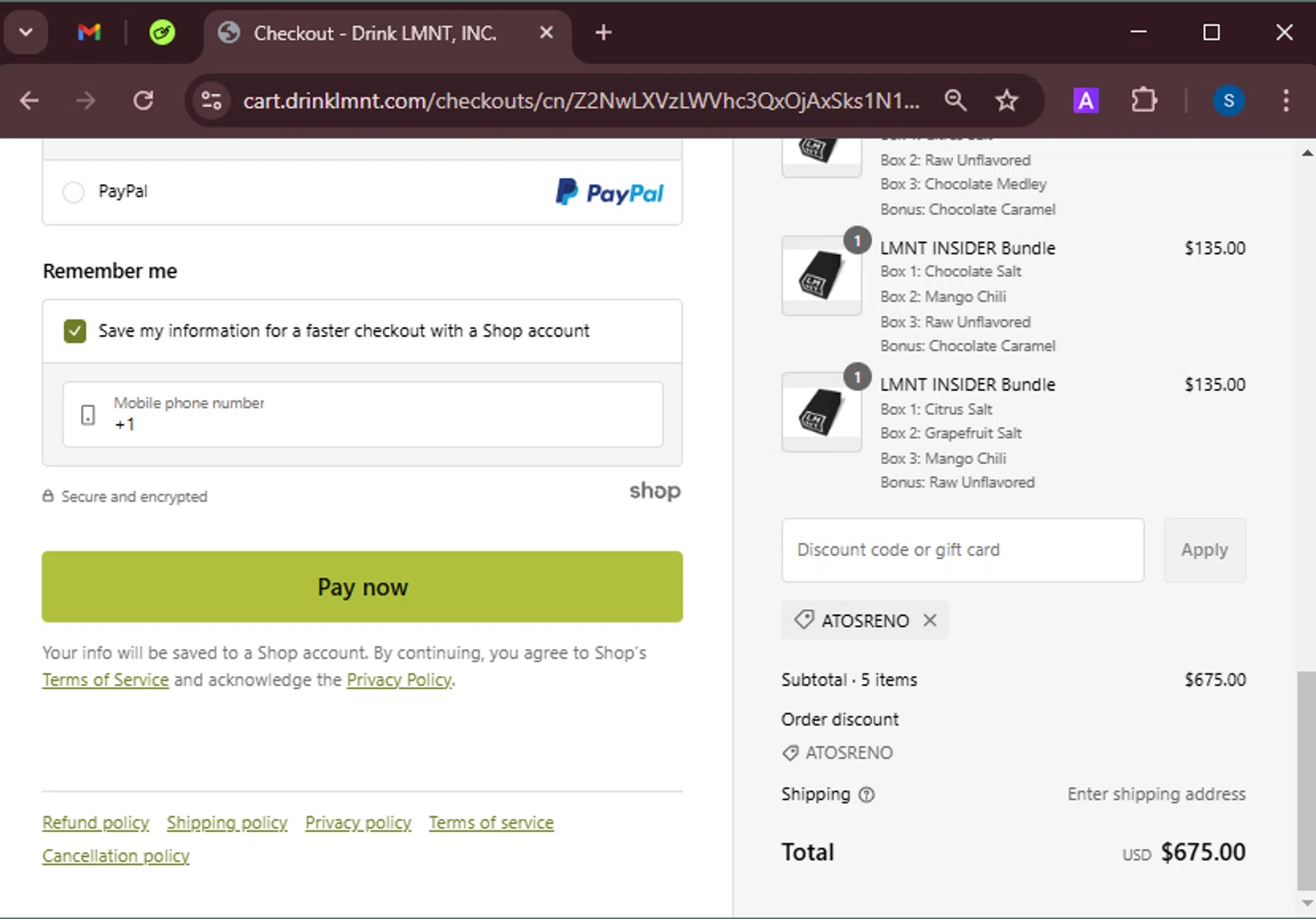 DrinkLMNT discount code screenshot showing code ATOSRENO applied at DrinkLMNT checkout page. Uploaded by SimplyCodes community member BrandoJose1 on Feb 3, 2025