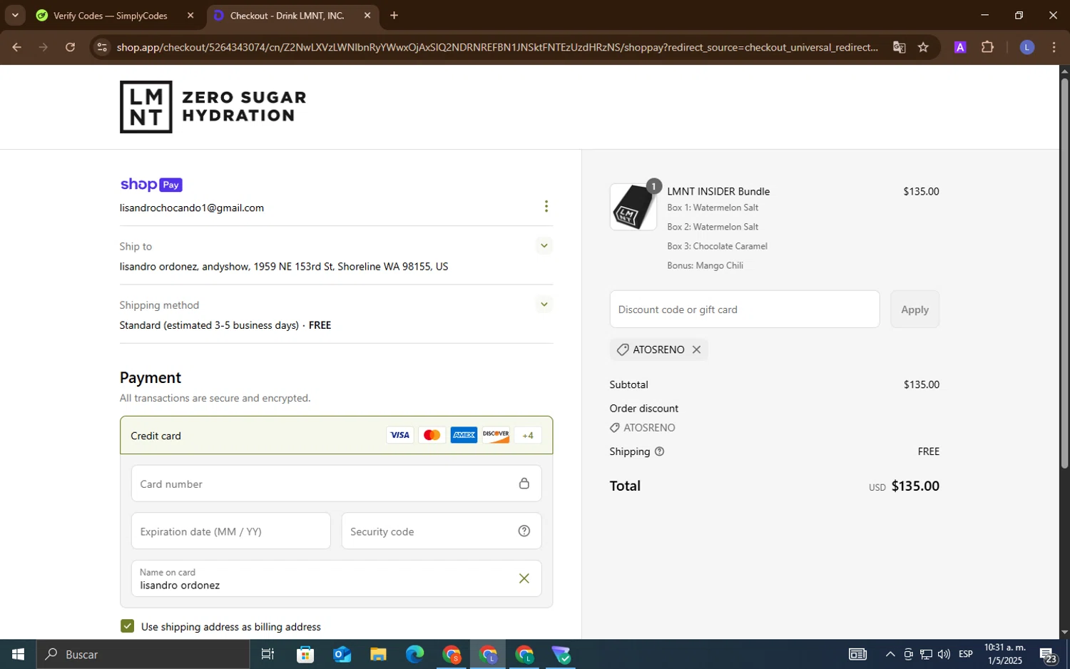 DrinkLMNT discount code screenshot showing code ATOSRENO applied at DrinkLMNT checkout page. Uploaded by SimplyCodes community member LuckyEagle5535 on May 1, 2025