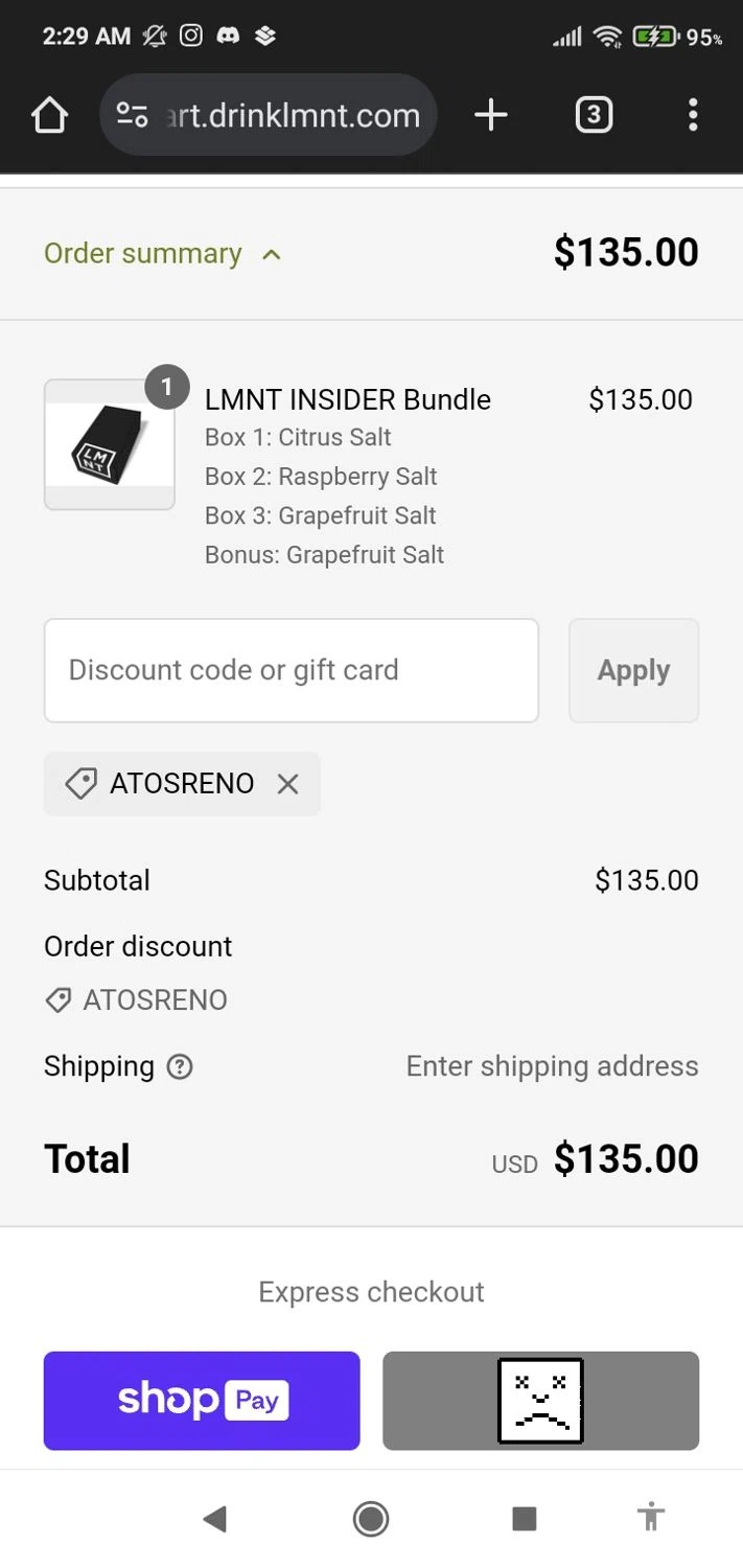 DrinkLMNT discount code screenshot showing code ATOSRENO applied at DrinkLMNT checkout page. Uploaded by SimplyCodes community member luissdbv1 on Feb 7, 2025