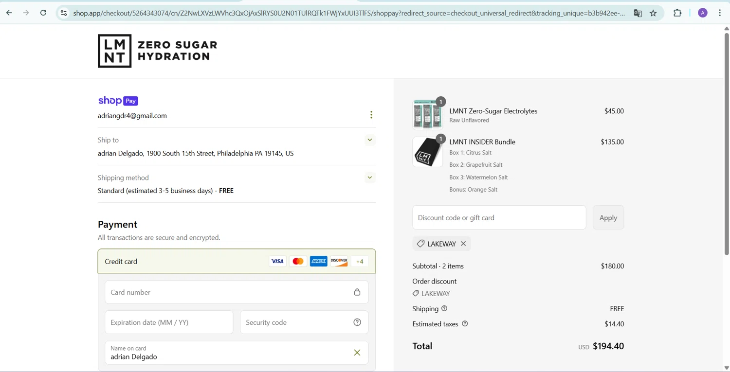 DrinkLMNT discount code screenshot showing code LAKEWAY applied at DrinkLMNT checkout page. Uploaded by SimplyCodes community member AGDR28 on May 10, 2025