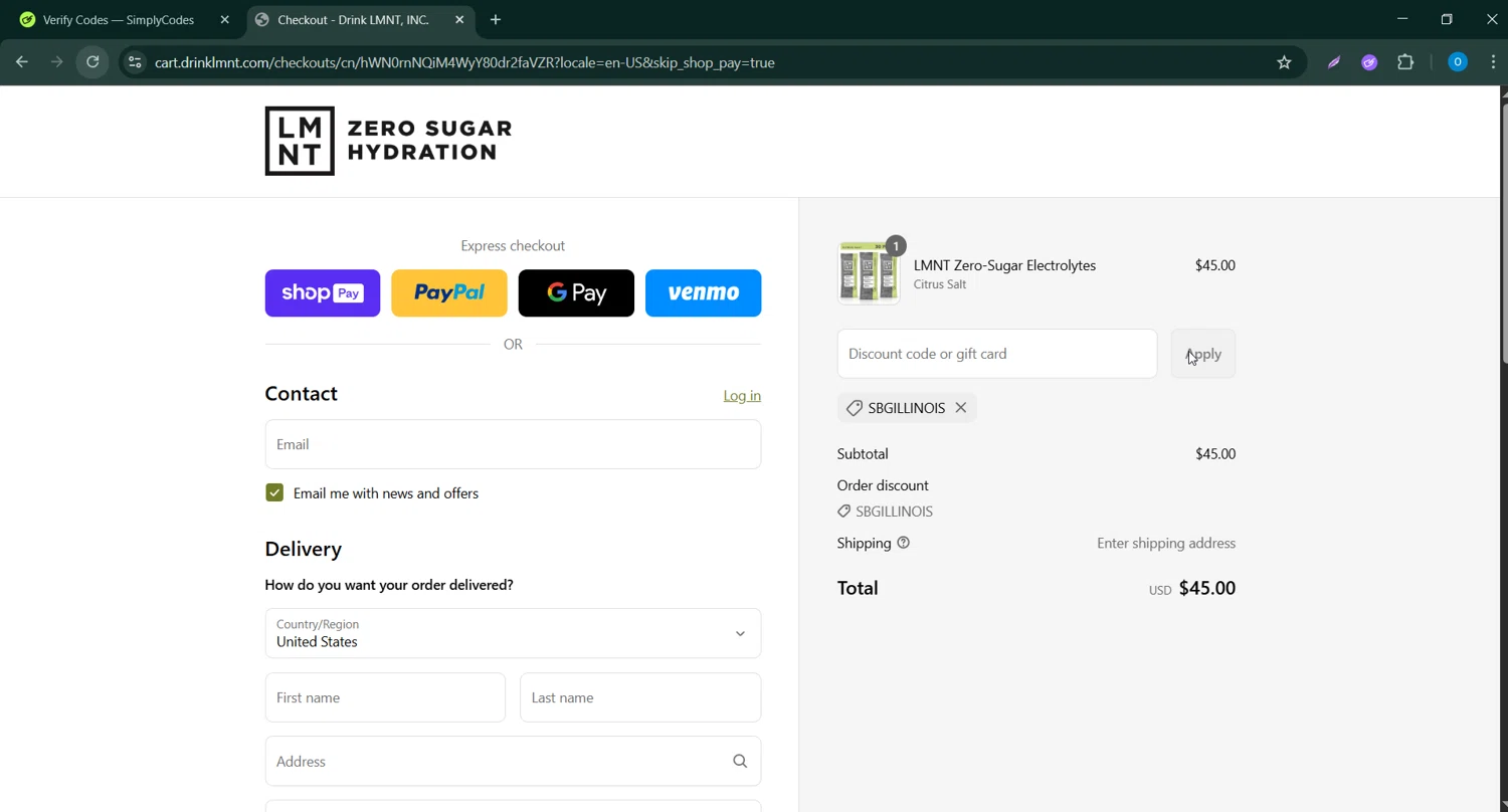 DrinkLMNT discount code screenshot showing code SBGILLINOIS applied at DrinkLMNT checkout page. Uploaded by SimplyCodes community member CodeScholar4340 on Jul 21, 2025