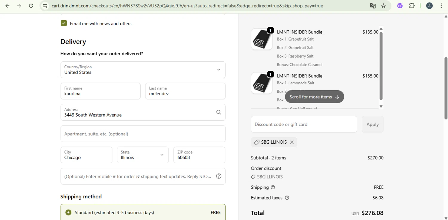 DrinkLMNT discount code screenshot showing code SBGILLINOIS applied at DrinkLMNT checkout page. Uploaded by SimplyCodes community member SaleSentinel7319 on Sep 18, 2025