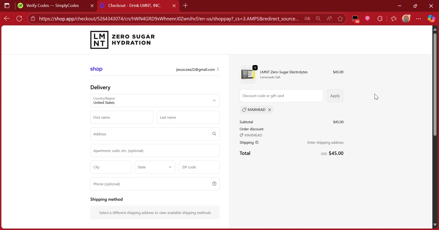 DrinkLMNT discount code screenshot showing code MAXMEAD applied at DrinkLMNT checkout page. Uploaded by SimplyCodes community member DiscountScout1417 on Oct 18, 2025