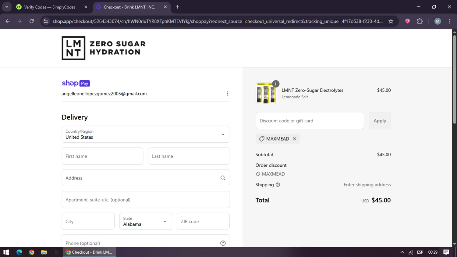 DrinkLMNT discount code screenshot showing code MAXMEAD applied at DrinkLMNT checkout page. Uploaded by SimplyCodes community member maraxo on Jul 21, 2025