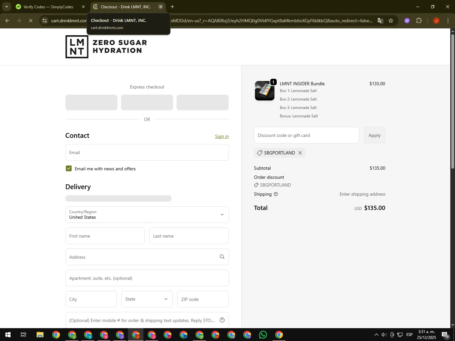 DrinkLMNT discount code screenshot showing code SBGPORTLAND applied at DrinkLMNT checkout page. Uploaded by SimplyCodes community member KimDokja on Dec 25, 2025