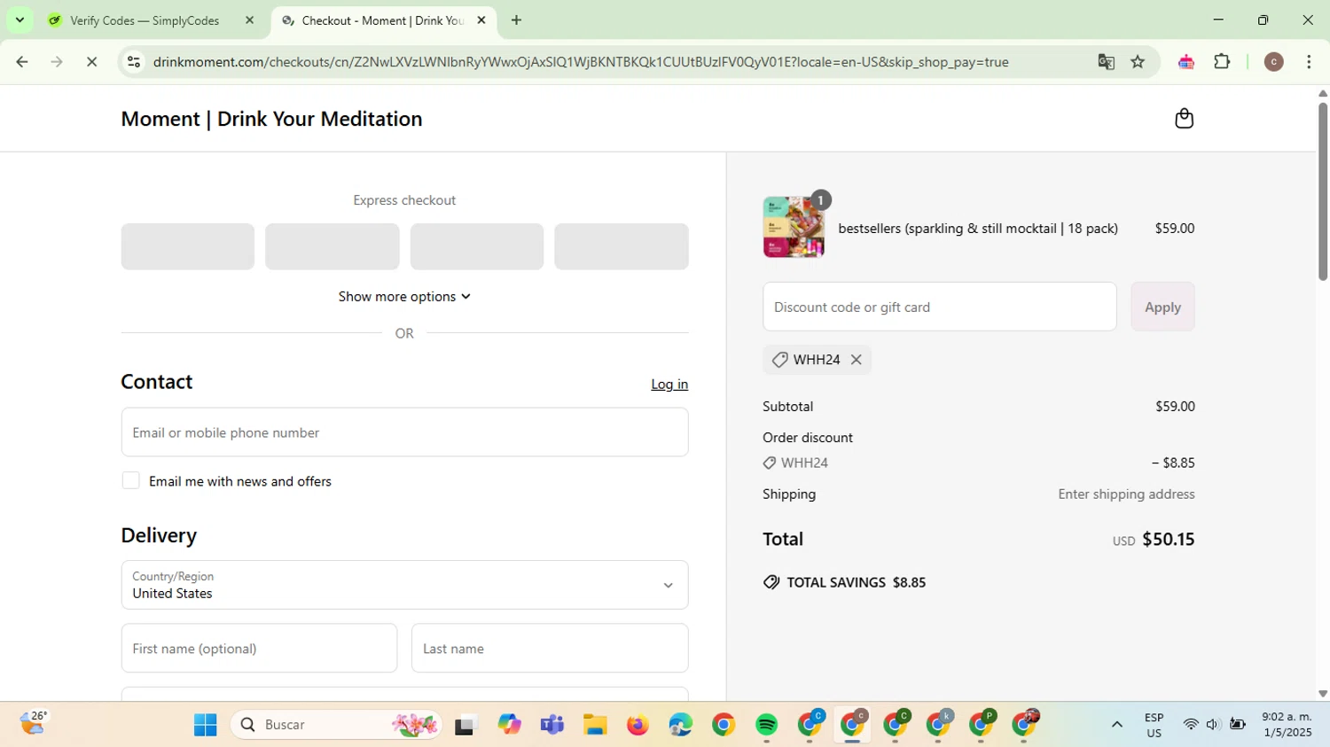 Drink Moment discount code screenshot showing code WHH24 applied at Drink Moment checkout page. Uploaded by SimplyCodes community member NobleExpert6497 on May 1, 2025