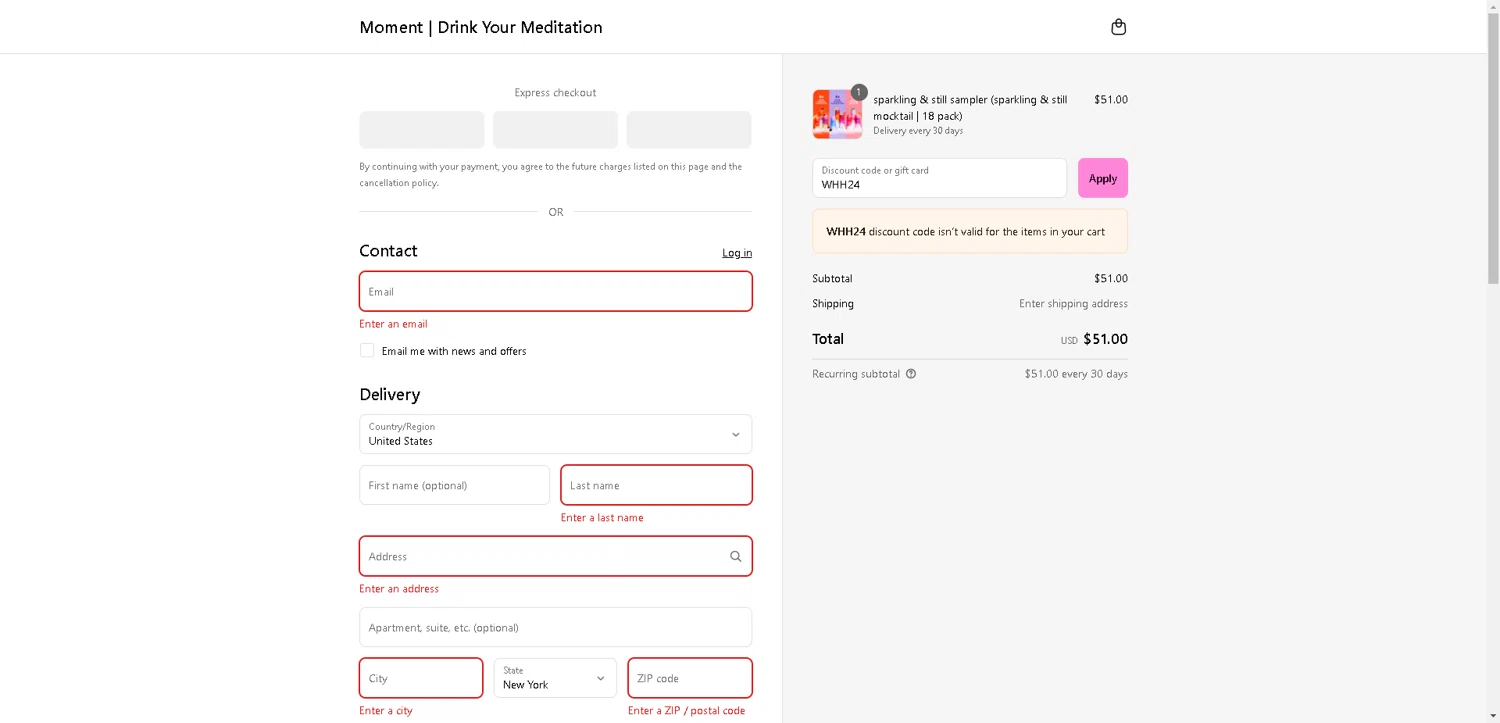 Drink Moment discount code screenshot showing code WHH24 applied at Drink Moment checkout page. Uploaded by SimplyCodes community member VictoriousFinder4393 on Aug 8, 2025