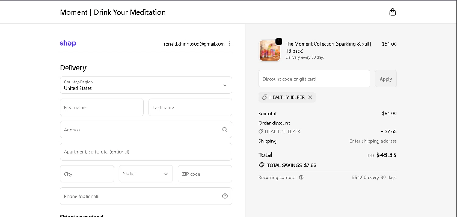 Drink Moment checkout page showing Drink Moment discount code box | Screenshot taken by SimplyCodes community member on Jan 11, 2026