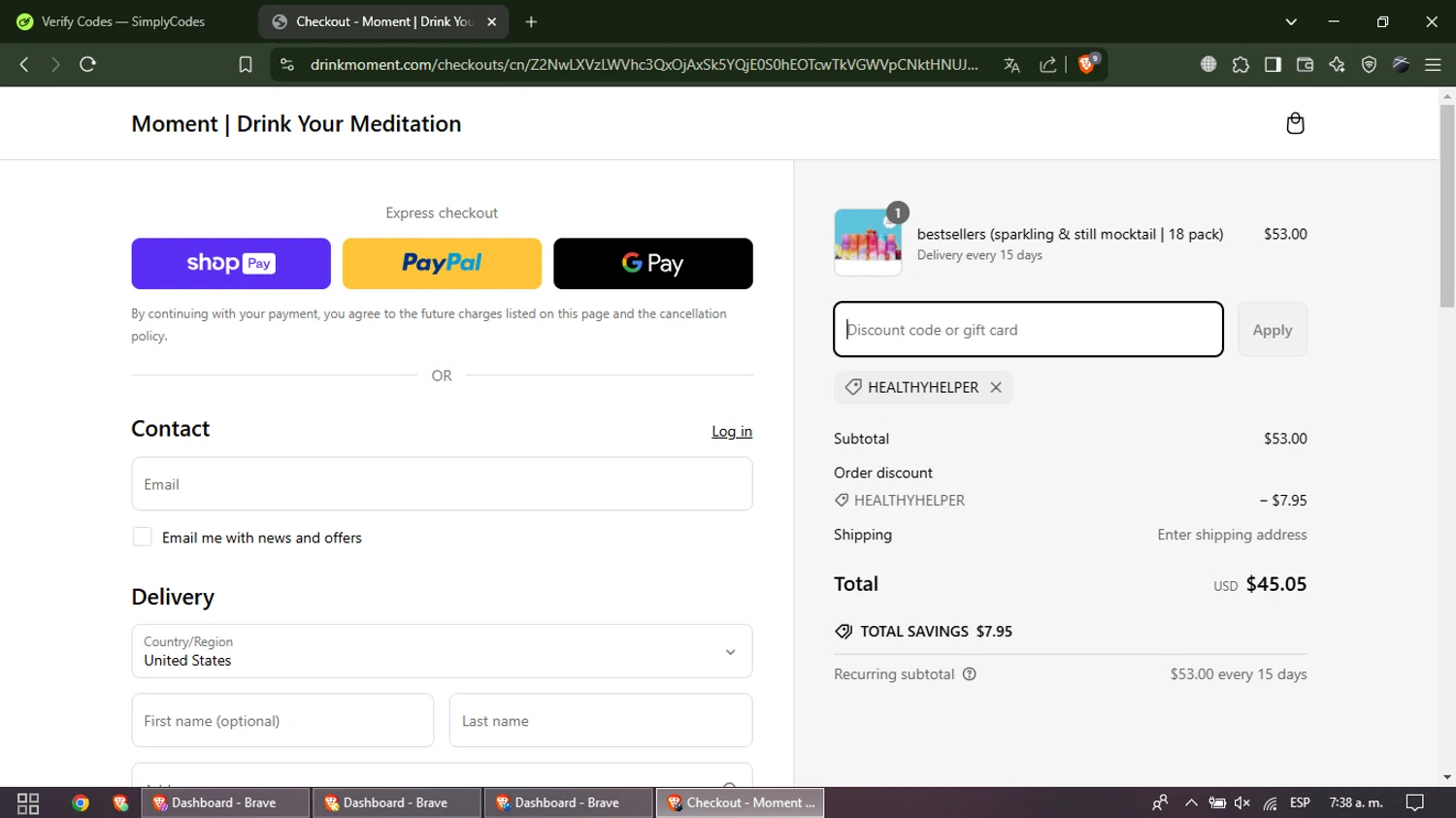 Drink Moment discount code screenshot showing code HEALTHYHELPER applied at Drink Moment checkout page. Uploaded by SimplyCodes community member EpicMaven6118 on Mar 9, 2025