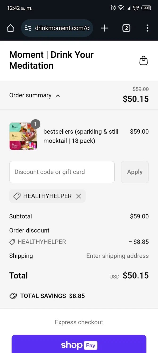 Drink Moment discount code screenshot showing code HEALTHYHELPER applied at Drink Moment checkout page. Uploaded by SimplyCodes community member TheBest on May 23, 2025