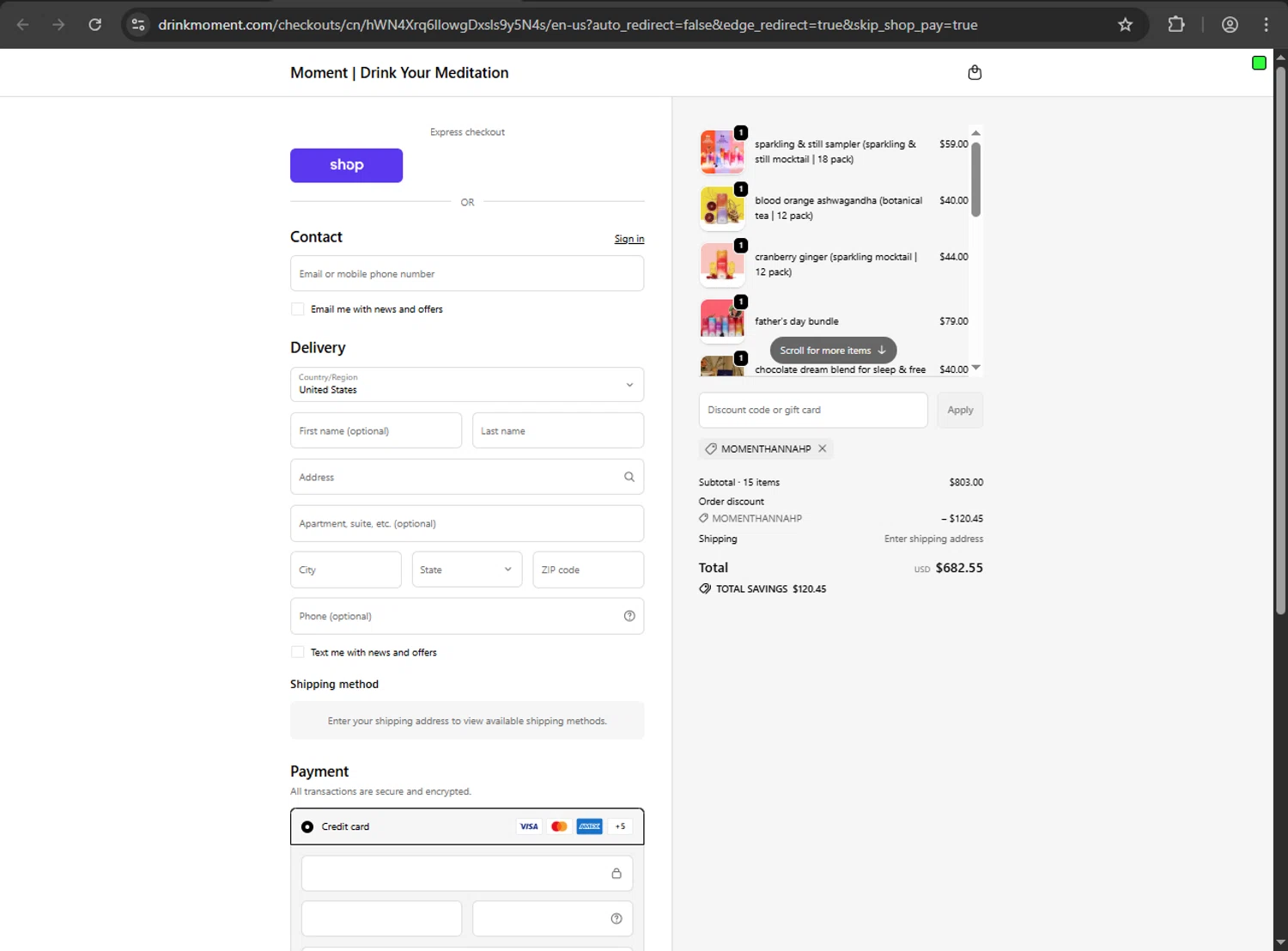 Drink Moment discount code screenshot showing code MOMENTHANNAHP applied at Drink Moment checkout page. Uploaded by SimplyCodes community member VictoriousDefender1681 on Oct 26, 2025